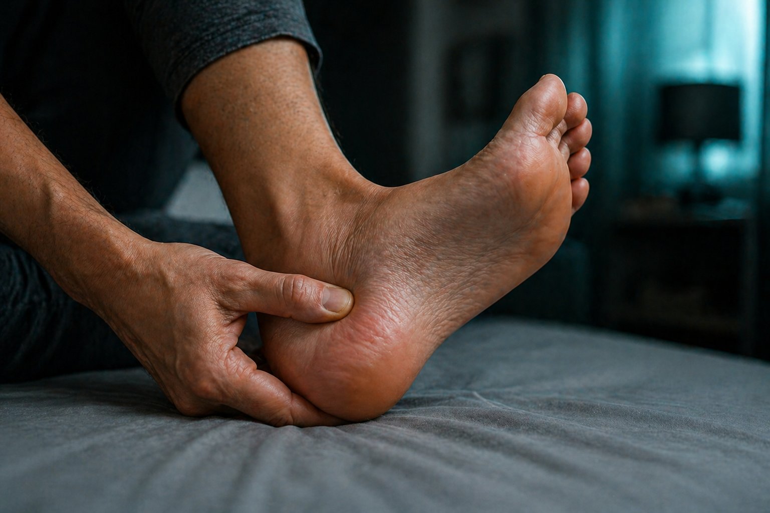 Mano presionando el talón de un pie con dolor, vista close-up sobre tela gris