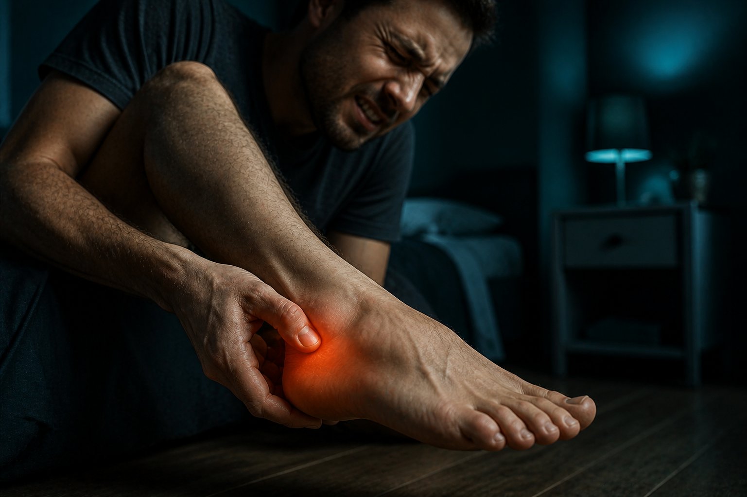 Hombre con dolor intenso en el talón presionando el talón con la mano — espolón calcáneo