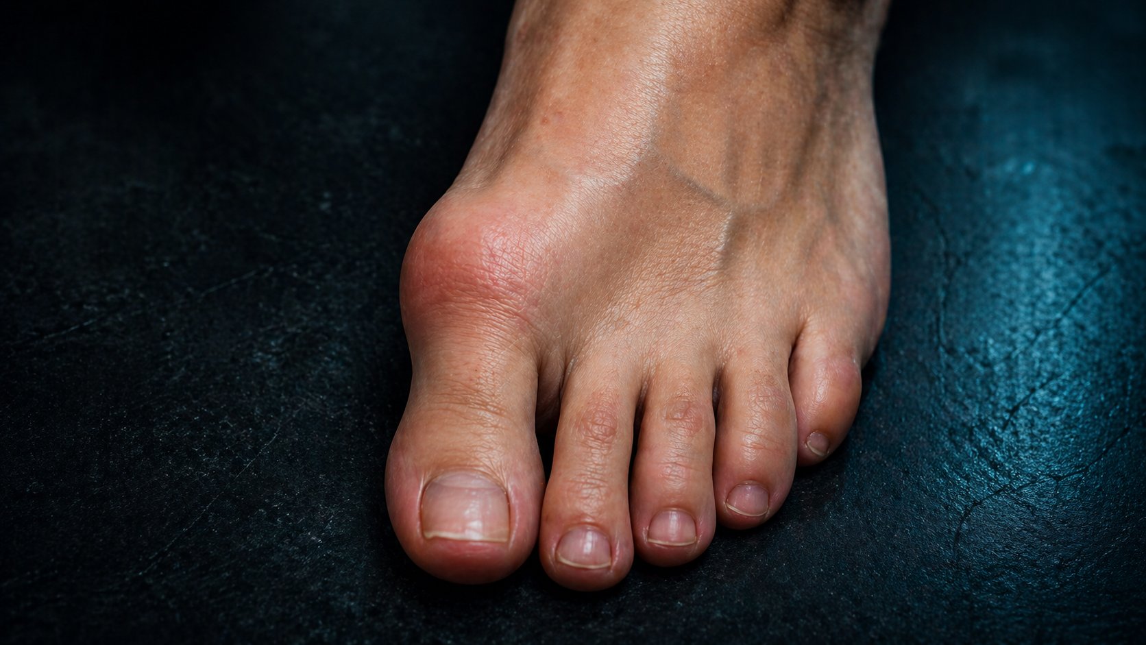 Pie con juanete visible, prominencia medial enrojecida en el primer dedo — hallux valgus