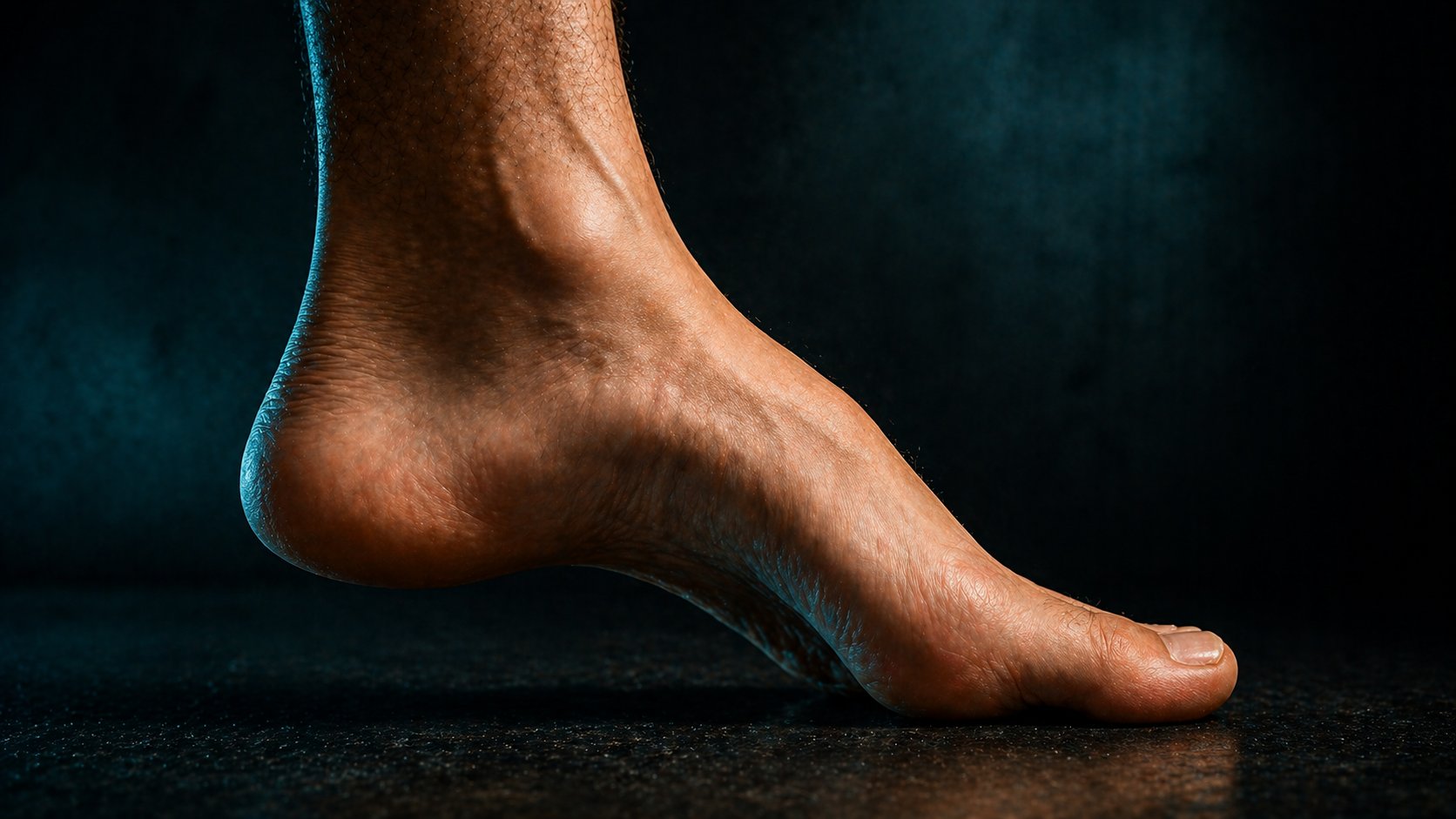 Vista lateral de pie descalzo con arco longitudinal muy elevado — pie cavo