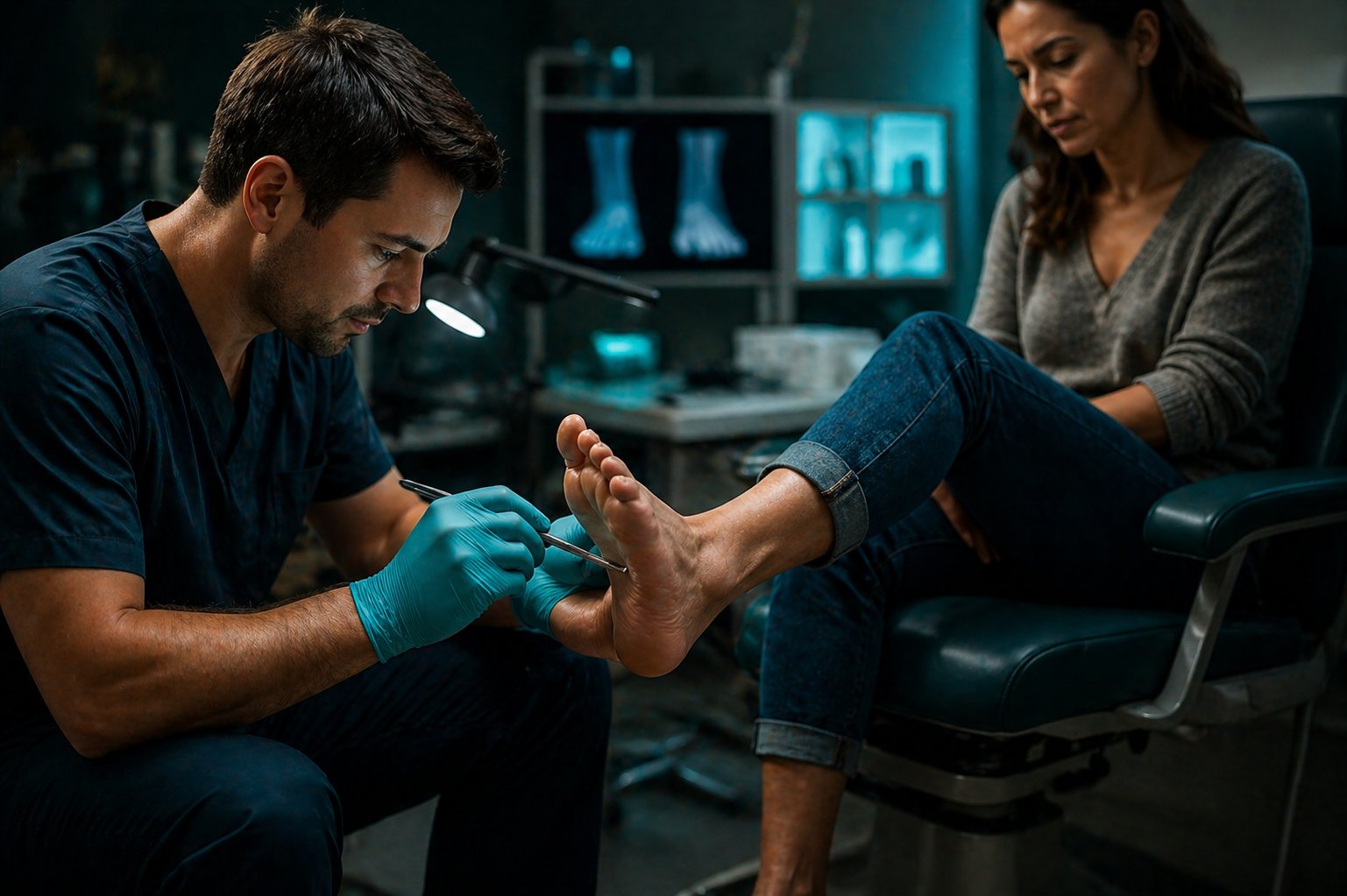 Médico examinando pie diabético