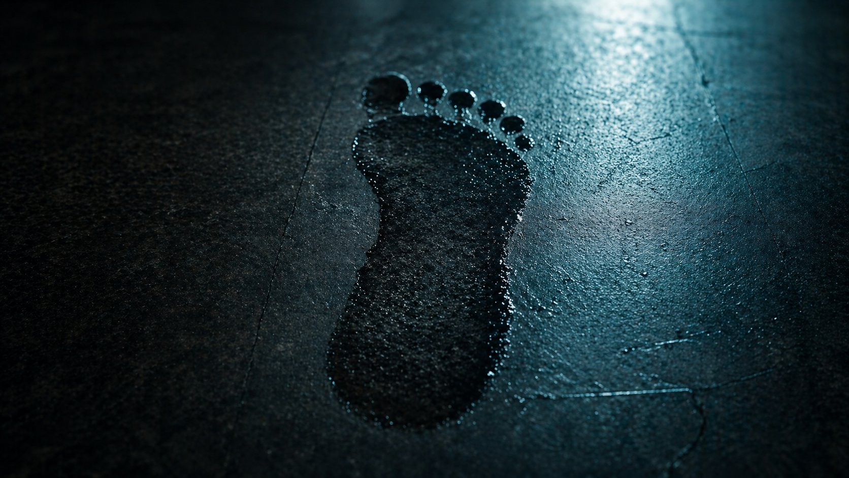 Huella de pie plano en suelo mojado sin arco longitudinal visible — pie plano