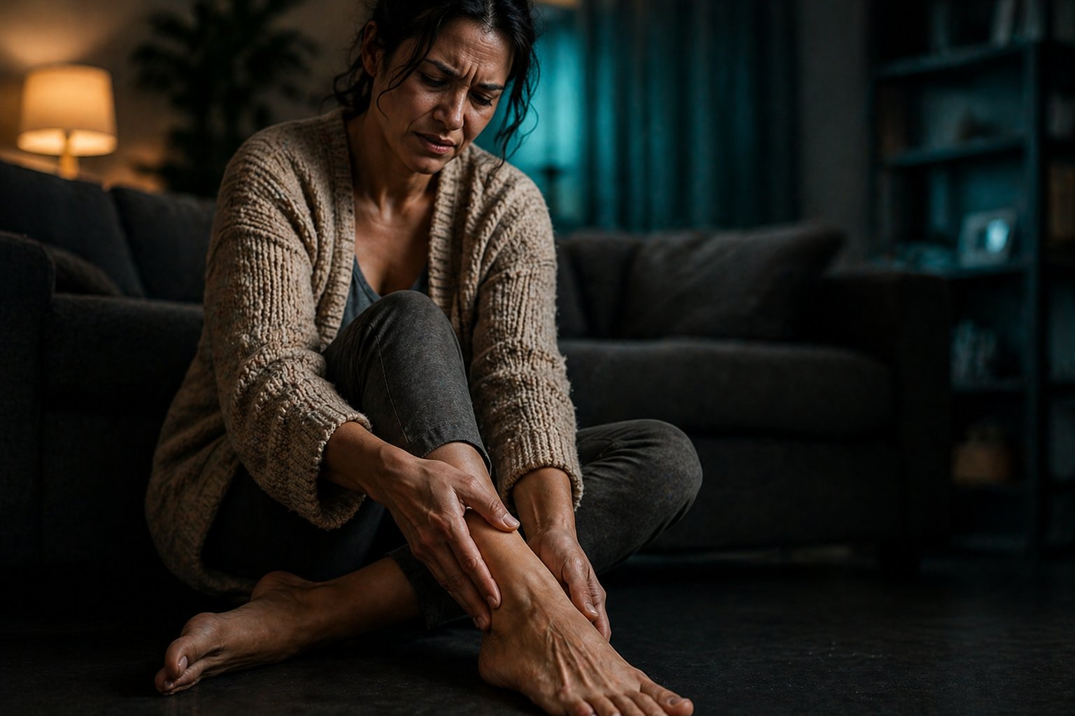 Mujer con dolor de pies en casa