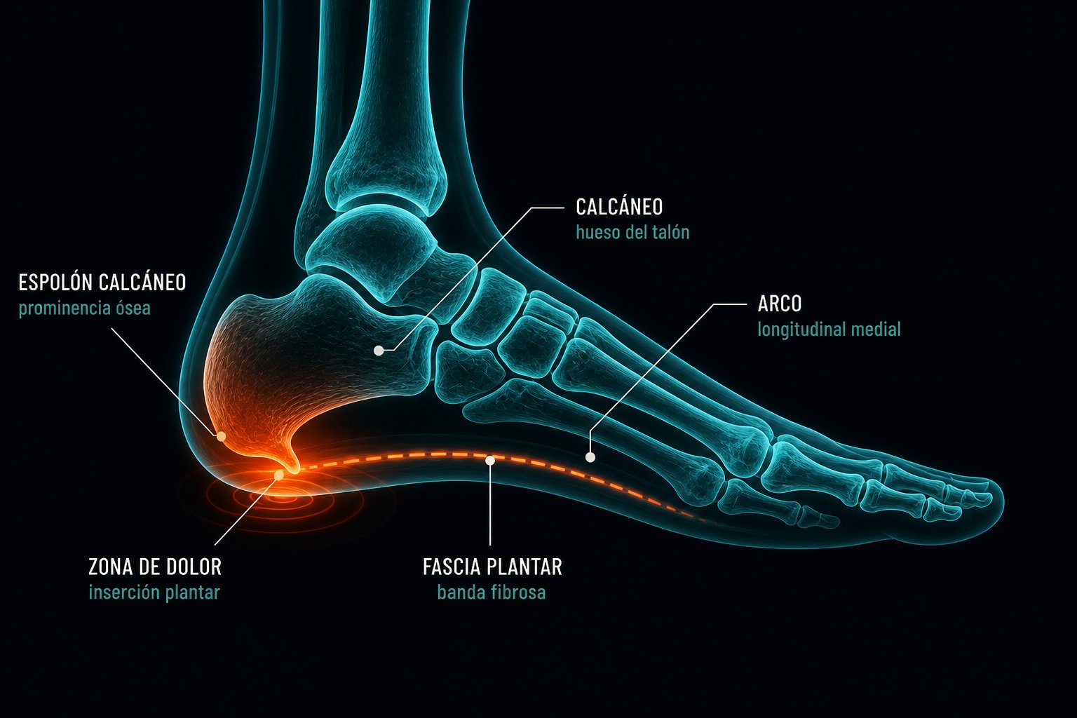Diagrama clínico del espolón calcáneo: prominencia ósea en el calcáneo, zona de dolor en la inserción plantar, fascia plantar y arco longitudinal medial