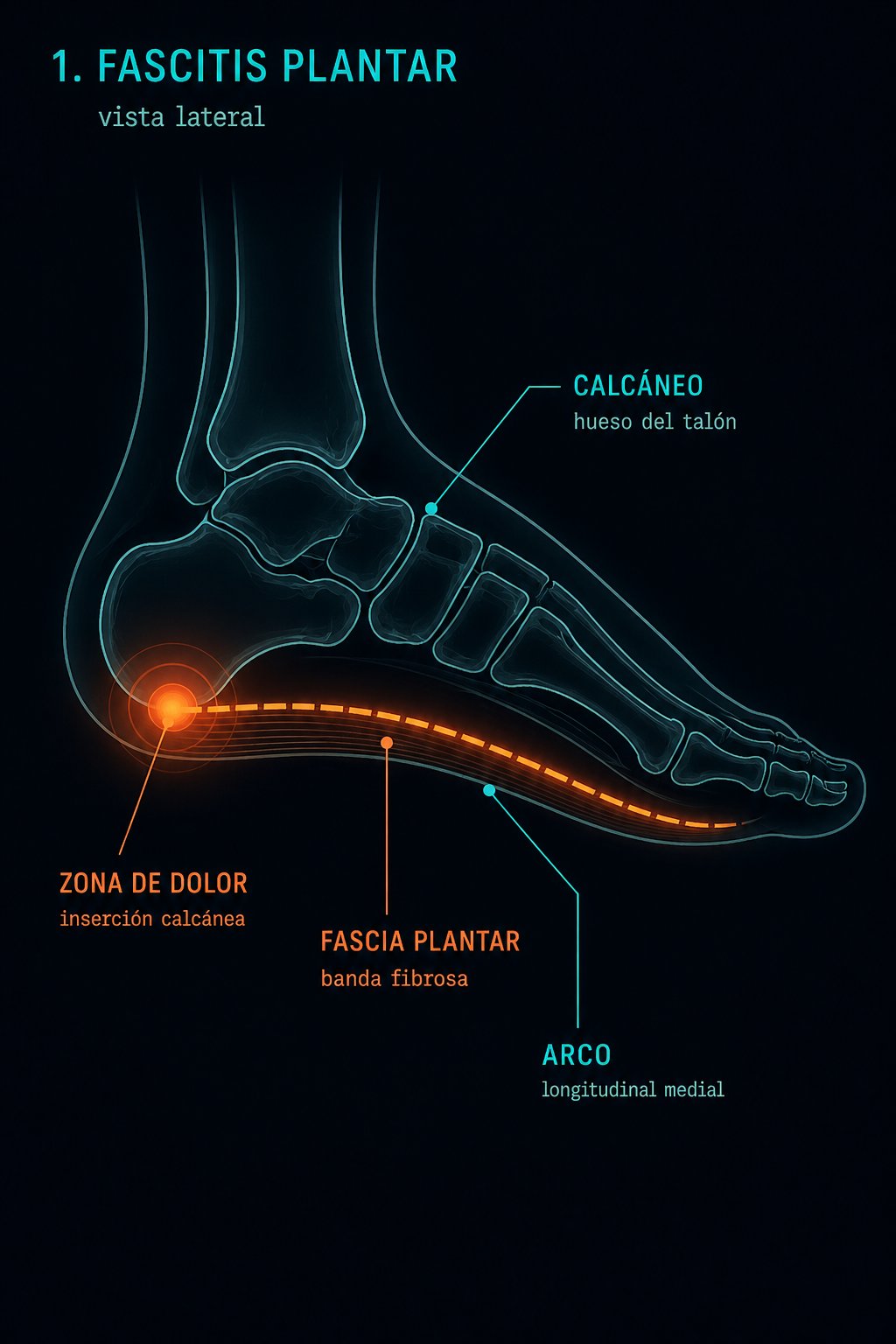 Diagrama clínico de fascitis plantar: fascia plantar y zona de dolor en inserción calcánea
