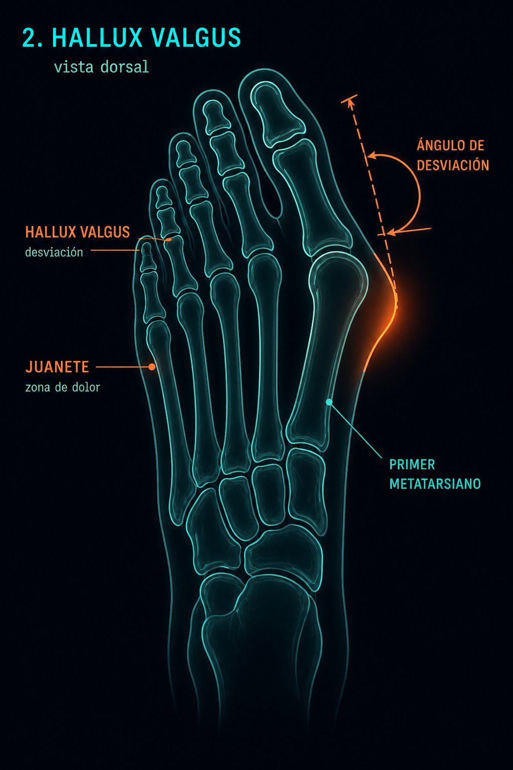 Diagrama de hallux valgus: desviación del primer dedo y localización del juanete