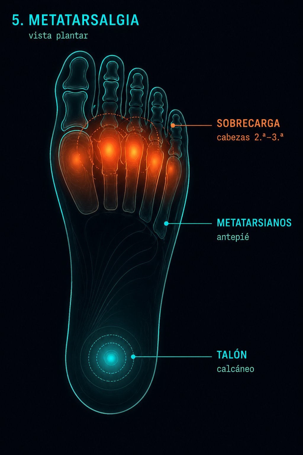Diagrama metatarsalgia vista plantar: sobrecarga en cabezas metatarsales 2ª y 3ª con puntos de presión en naranja