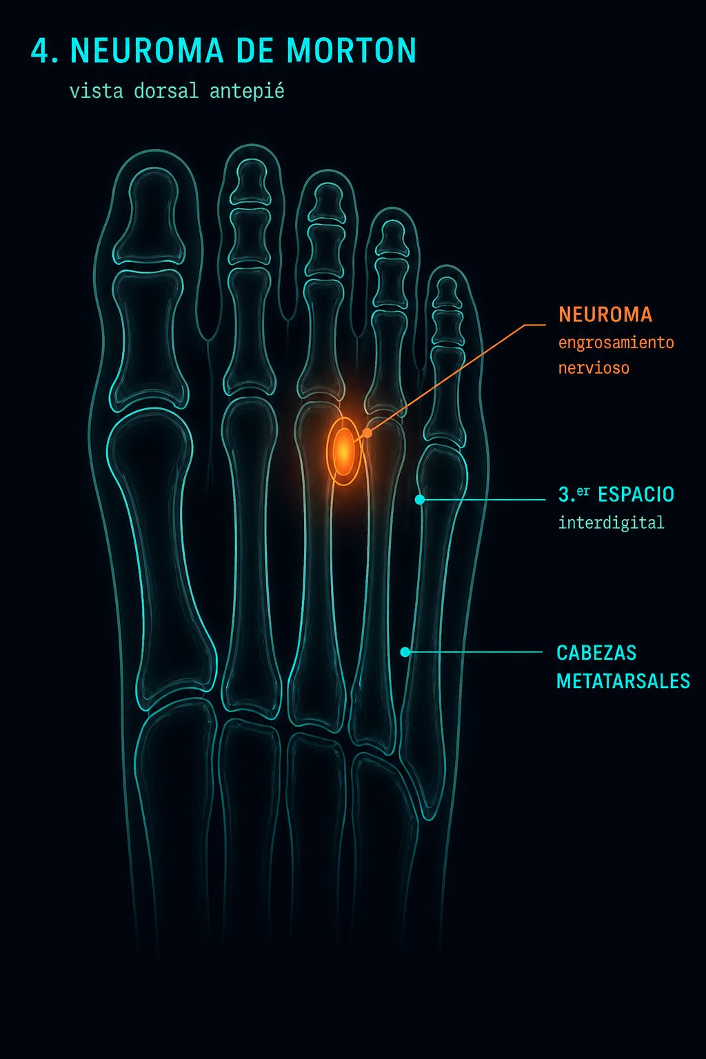 Diagrama neuroma de Morton: engrosamiento del nervio interdigital en el tercer espacio del antepié