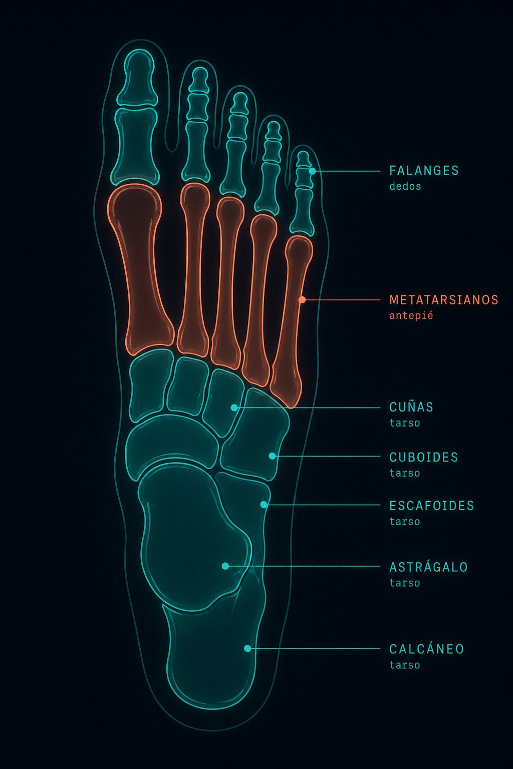 Anatomía del pie humano vista dorsal con huesos etiquetados: falanges, metatarsianos, cuñas, cuboides, escafoides, astrágalo y calcáneo
