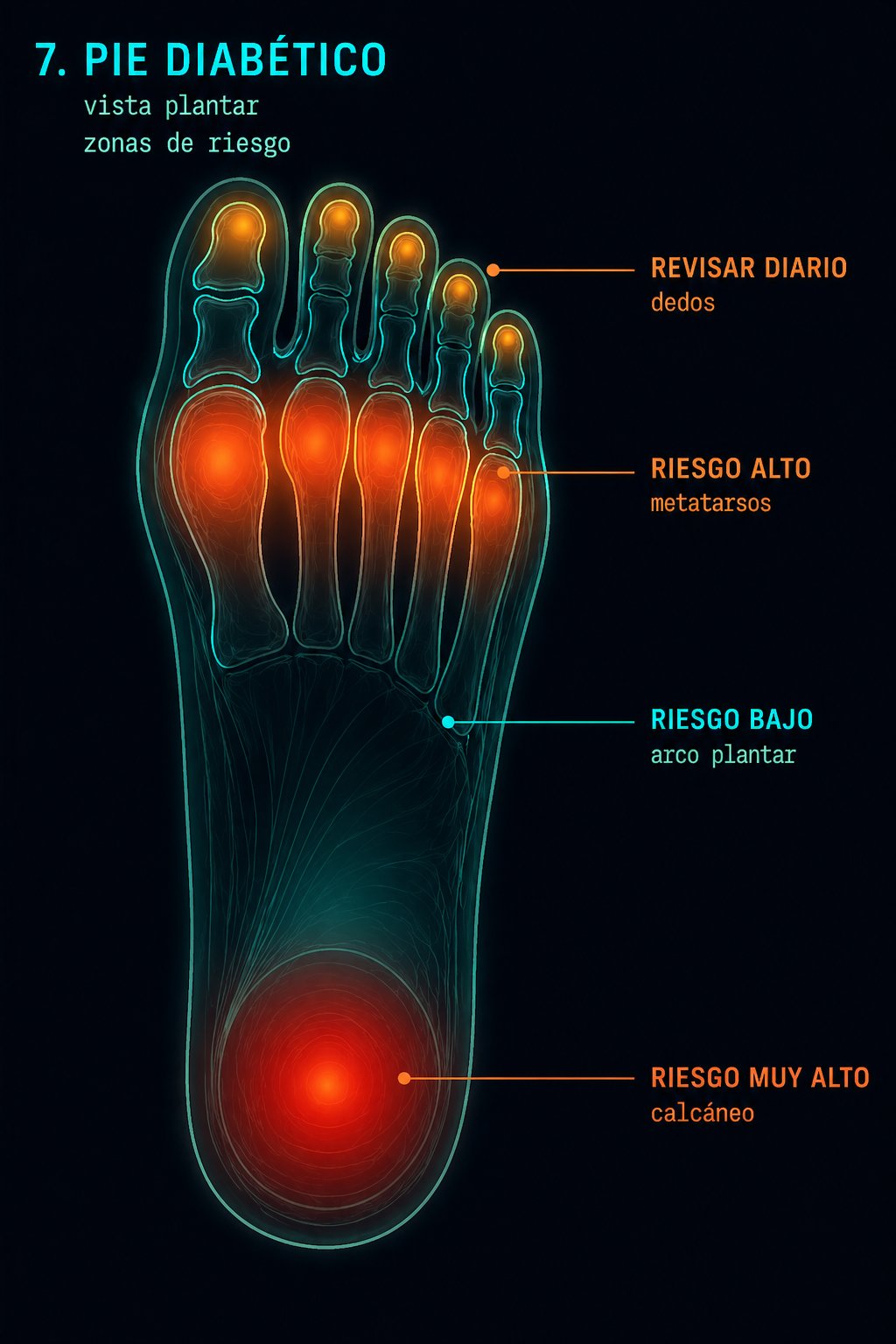 Mapa de riesgo pie diabético vista plantar: riesgo muy alto en calcáneo, riesgo alto en metatarsos, revisar diario en dedos