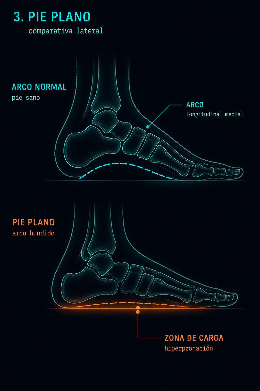 Comparativa lateral pie normal con arco elevado versus pie plano con arco hundido e hiperpronación