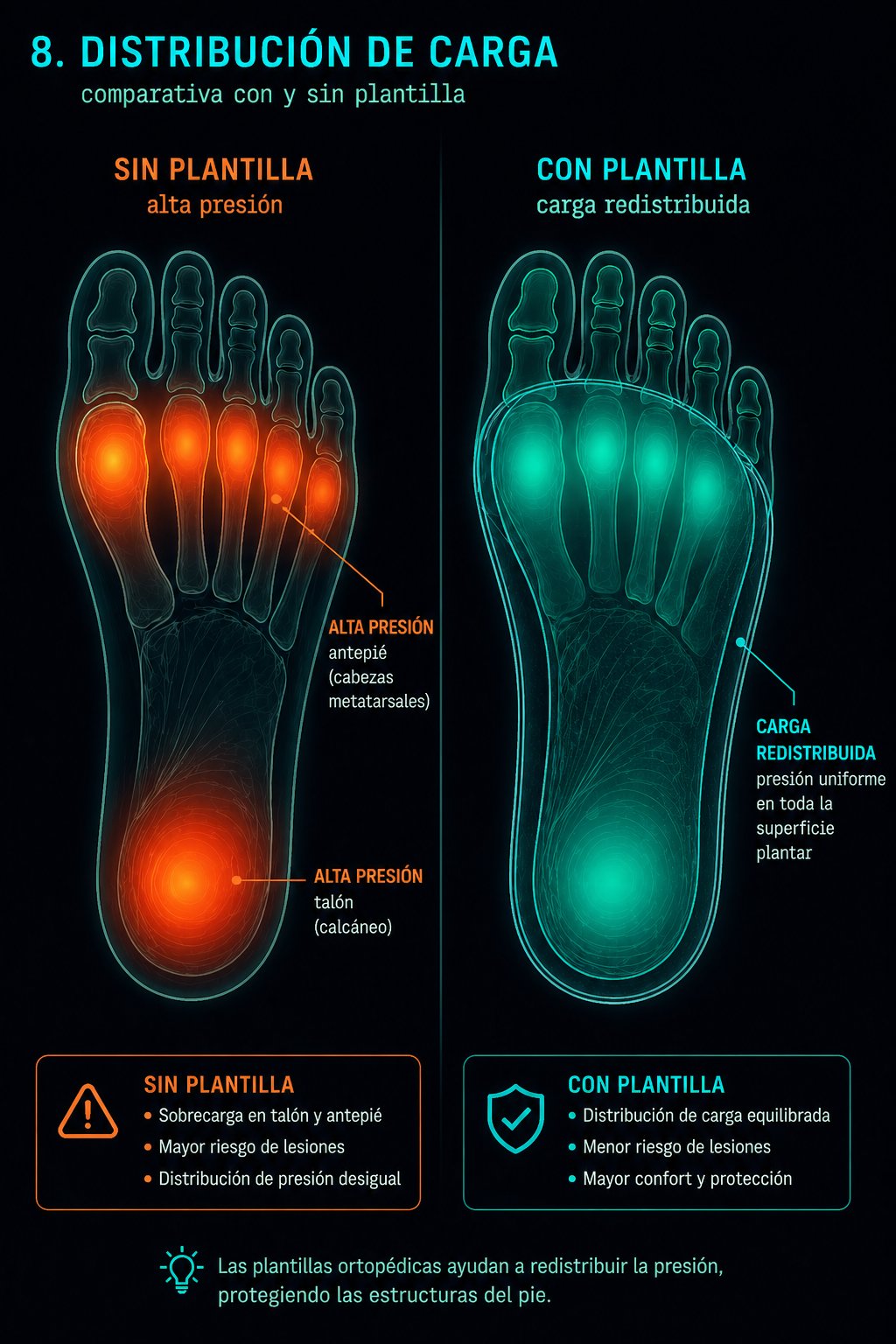 Comparativa distribución de presión plantar sin plantilla con alta presión en talón y antepié versus con plantilla ortopédica con carga redistribuida uniformemente
