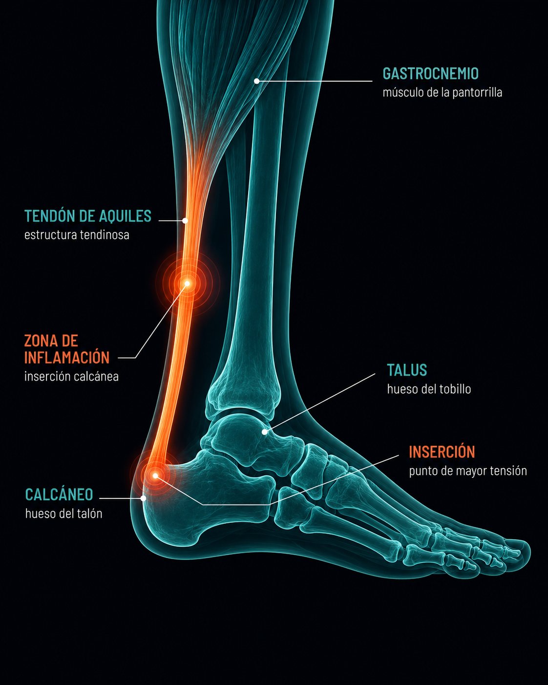 Diagrama clínico de tendinitis de Aquiles: tendón inflamado con zona de dolor naranja en la inserción calcánea y a lo largo del recorrido tendinoso